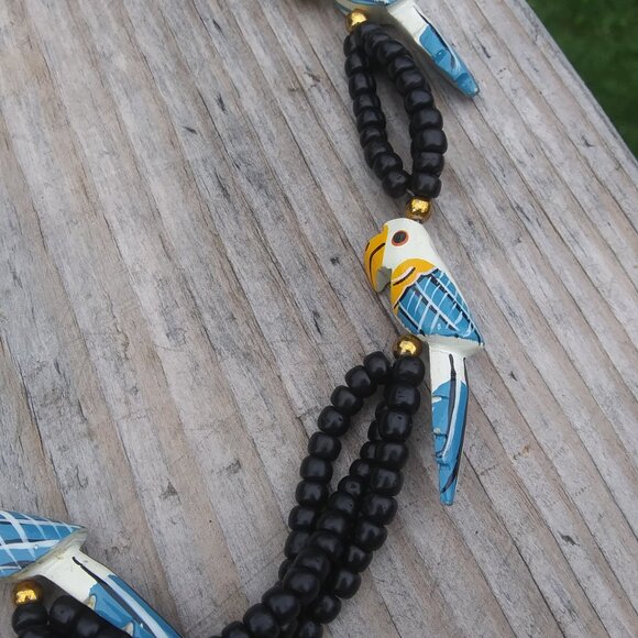 Vintage Hand Painted Wood Parrot Beaded Necklace  Fun Playful Boho Tropical - Picture 5 of 16